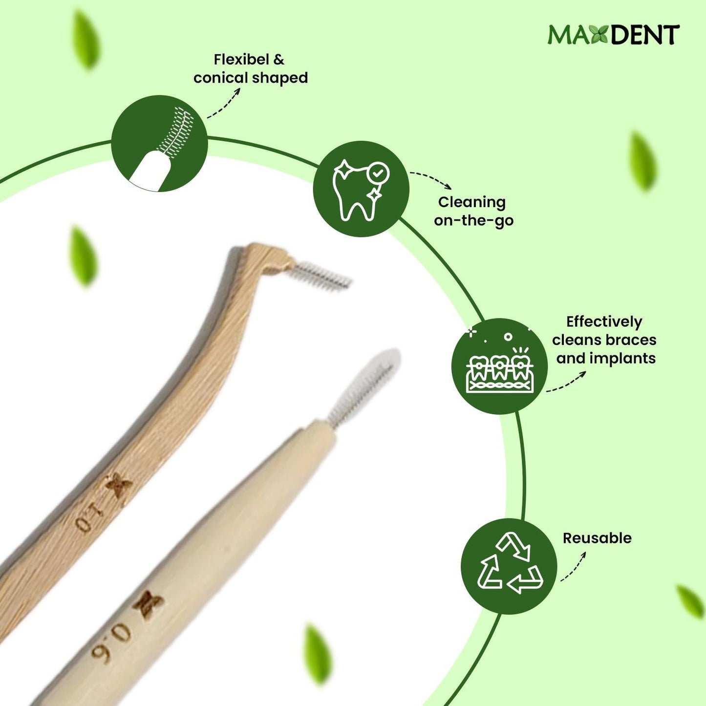 Maxdent Bamboo Interdental Brush Set, 13 Pieces, Straight and Angled Designs, 5 Size Options