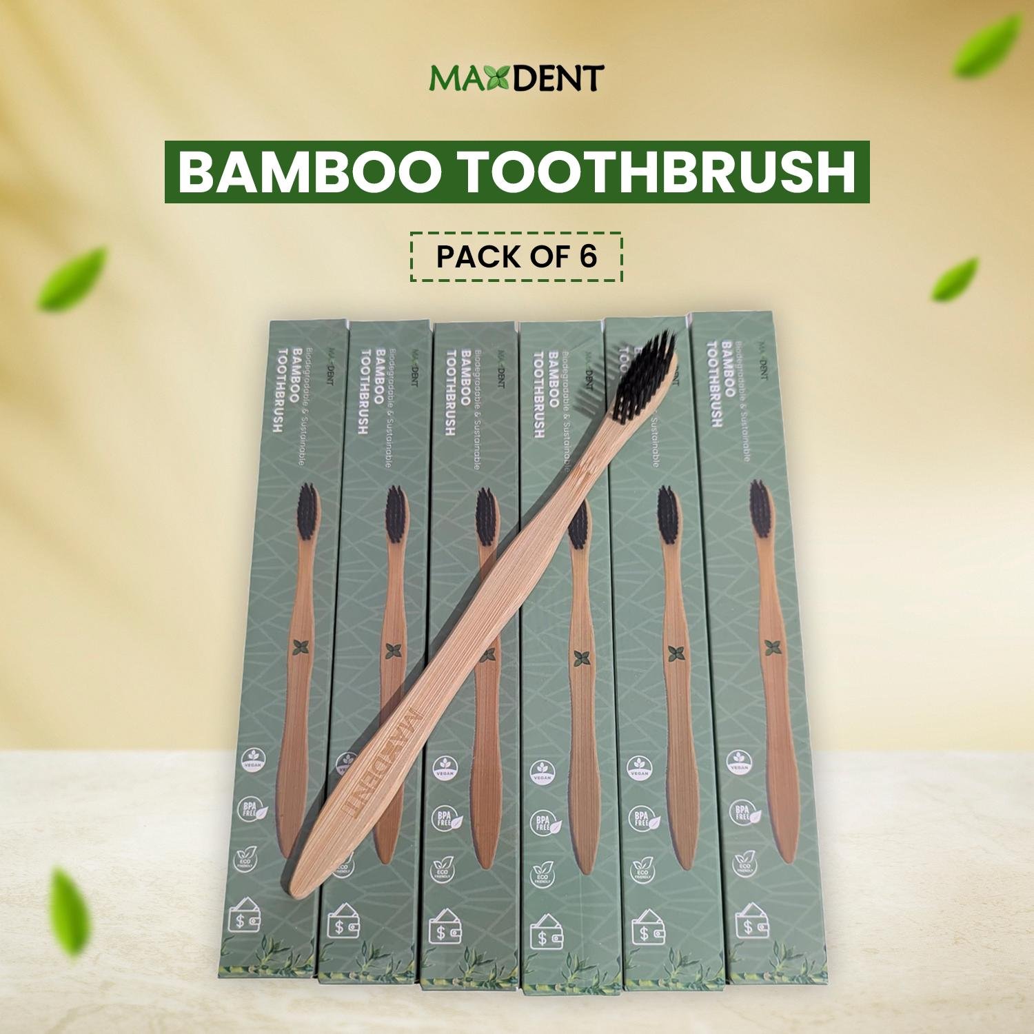 Maxdent Bamboo toothbrush pack of 6 featuring eco-friendly design and medium-soft bristles for effective cleaning.
